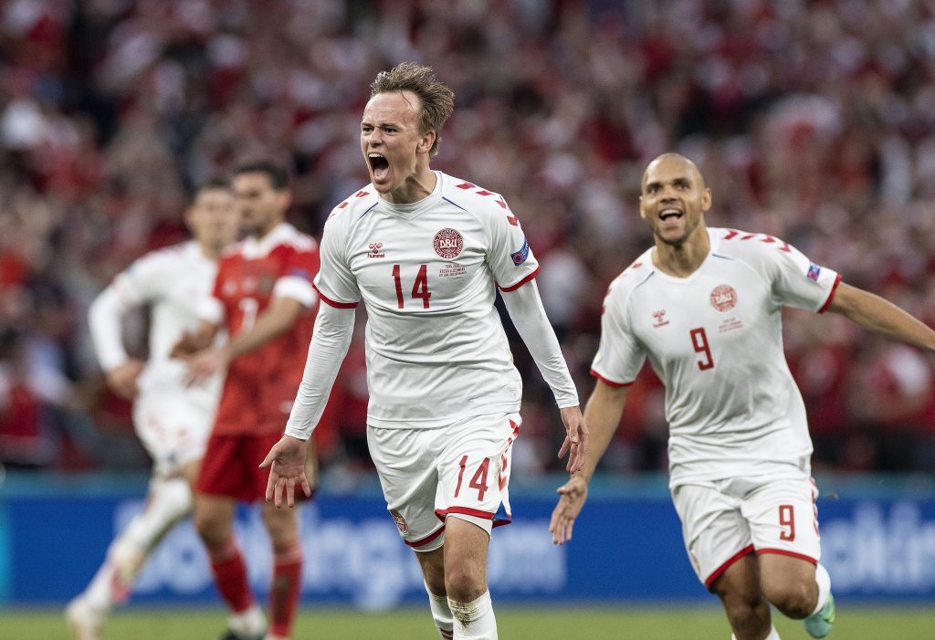 Denmark star Mikkel Damsgaard efter his goal for Denmark against Russia.